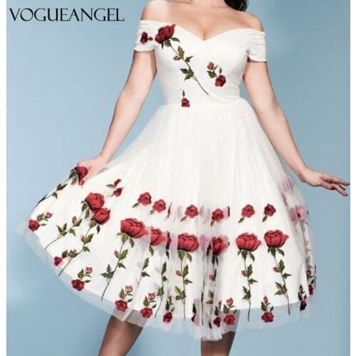 Rose Embroidery Off The Shoulder Dress Women Midi A Line Dress Prom Bridesmaid Wedding Cocktail Birthday Party Occasion Dresses