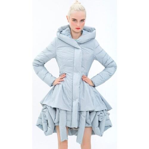 Winter Womens Flowers Design Irregular Skirt Long Fluffy Down Coat Female Was Thin Thick Warm Hooded Down Jacket Parkas F2559