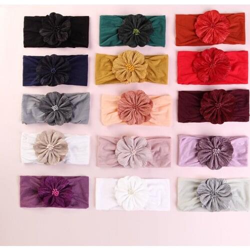 15 pcs/lot , Beaded Fabric Flower on Wide Nylon Headwraps, stretch nylon headbans, Baby Girls Hair Accessories