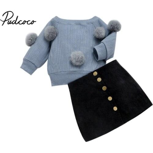 2020 New Spring Autumn Toddler Baby Girls Clothes 2PCS Ruffles Pom Pom Ball Sweater Tops+Skirts Lovely Sets Outfit 1-6Y