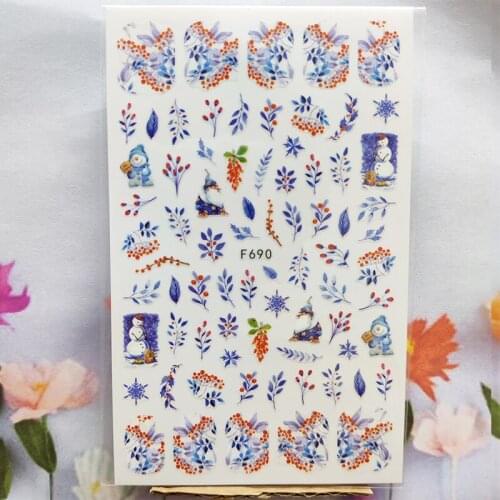 3D Nail Sticker Warm Winter Snowman Nail Foil Glue Sticker Blue Grass Flower Snowflake Stickers for Manicure Nail Art Decoration