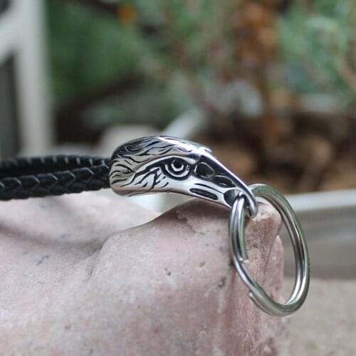 New 316L stainless steel Black crow leather car Automobile Mens waist buckle Bird head key chain Viking Ring Keybob