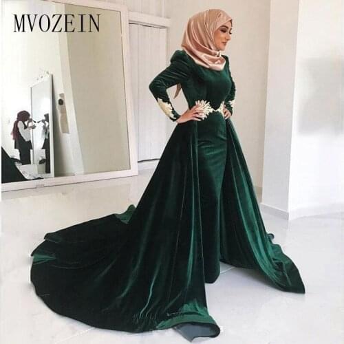 Emerald Green Velvet Muslim evening Dresses High Neck Lace Plus Size Kaftan Dubai Evening Gowns Long Sleeves Overskirt