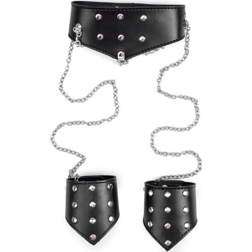 Punk Black Leather Handcuffs Chain Collar Bdsm Bondage Restraints Set Sexy Handcuffs For Sex Toys For Woman Couples Adult Games