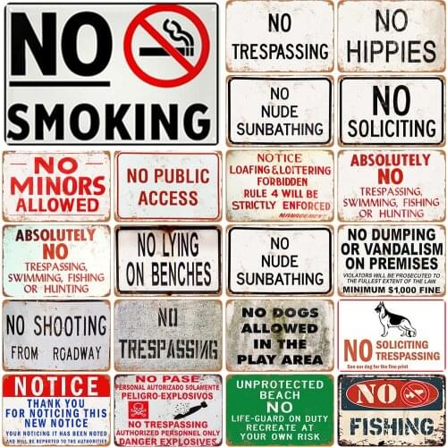 No Smoking Vintage Metal Poster No Hippies No Jumping or Diving Absolutely No for Tiki Bar Pub Art Wall Decorative Metal Sign