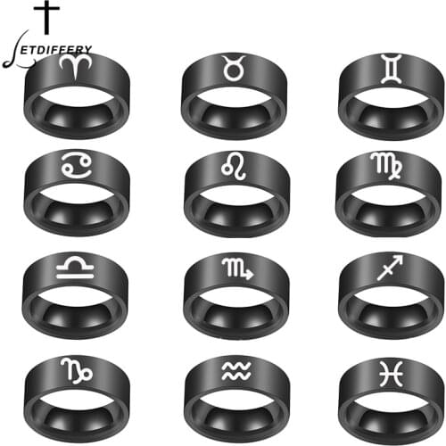 Letdiffery New 12 Constellations Zodiac Sign Finger Rings Black Sliver Gold Color Stainless Steel Jewelry for Women Girls Gifts