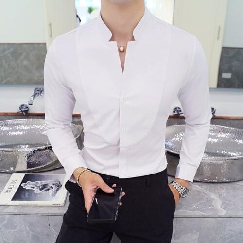 2019 New Boutique Solid Color Fashion Trendy Stitching Stand Collar Mens Casual Long-sleeved Shirts Men Slim Leisure Shirts Male