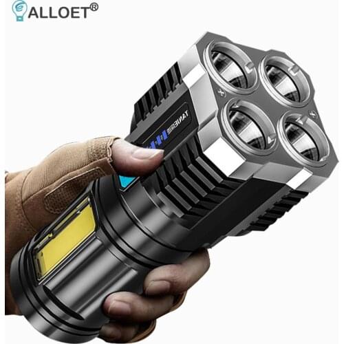 4 LED+COB Beads Portable Flashlight USB Rechargeable Power Display Led Flashlight Torch for Household Outdoor Hiking Camping