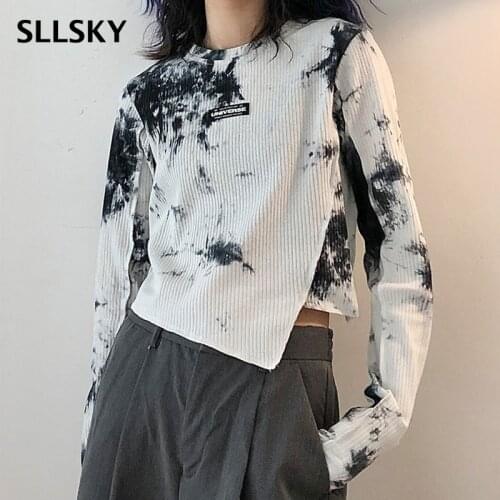 SLLSKY High Street Tie Dye Printted T Shirt Women 2021 Spring New Long Sleeve Slim O-neck Female Tops Sexy Skinny Fashion Tee