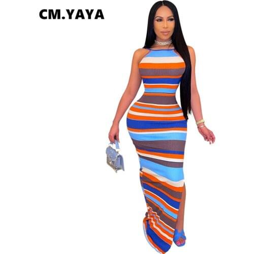 CM.YAYA Women Maxi Dress Multicolor Stripe Sleeveless Strap Backless Split Bodycon Split Dresses Sexy Night Club Vestidos Summer