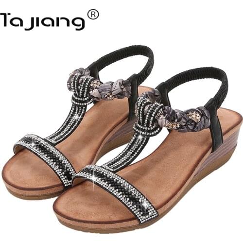 Ta Jiang New bohemian style rhinestone hollow wedge ladies sandals retro roman shoes summer female gladiator sandals T730-11