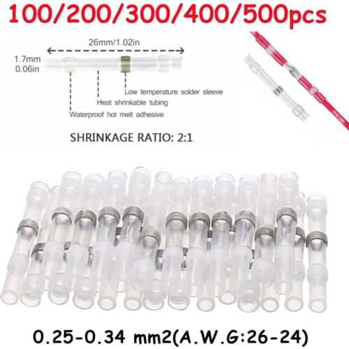 Heat Shrink Wire Connector AWG26-24 Waterproof Insulated Butt Wire Sleeve Tinned Copper Solder Seal Terminal White