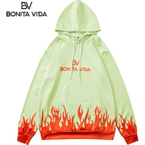 Bonita Vida Flame Print Oversize Hoodies Punk Rock Gothic Hooded Sweatshirts Mens Harajuku Casual Loose Fashion Tops Streetwear