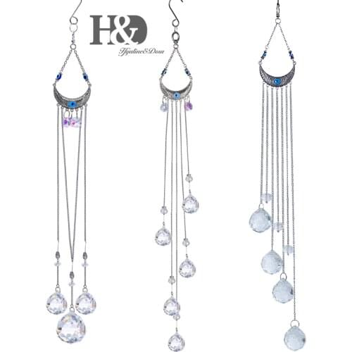 H&D Blue Evil Eye Crystal Suncatcher Crescent Moon Rainbow Maker With Crystal Ball Home Window Hanging Ornament Garden Decor