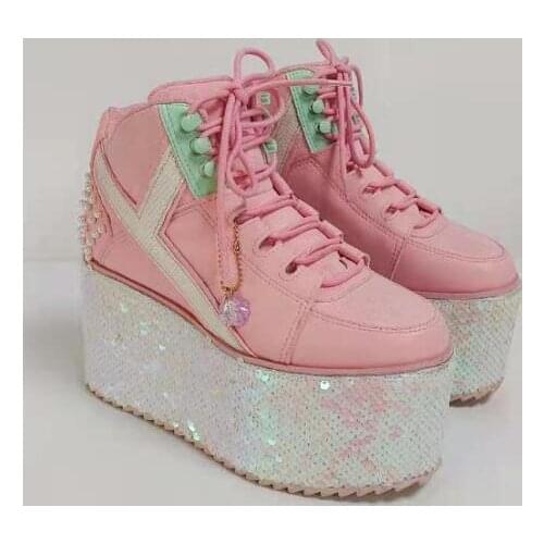 Spring Pink Retro 9 cm Height Increasing Thick Sole Platform Wedge Shoes Woman Retro Pearls Sequins Patchwork Lace Up Sneakers