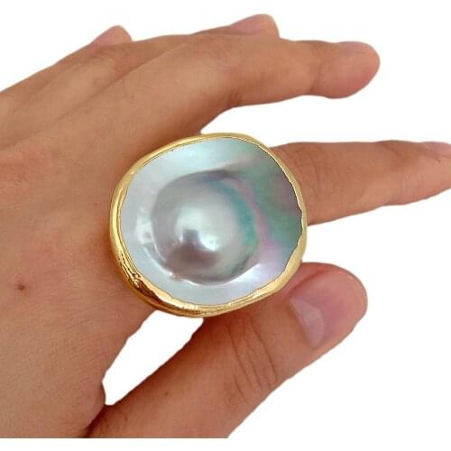 Y·YING Natural Oval White Gray Mabe Pearl Gold color Plated Adjustable Ring