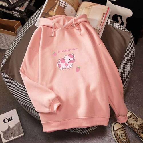 Pink Strawberry Cow Print Cute Hoodies Kawaii Cartoon Hoodie Women Aesthetic Sweatshirts New Fashion Hip Hop Clothes Casual Top