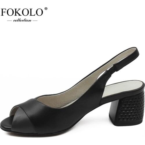FOKOLO Sandals for Women Black Peep Toe Sheepskin Elastic Band Heels 2020 Summer Soft Handmade Genuine Leather Ladies Shoes L18