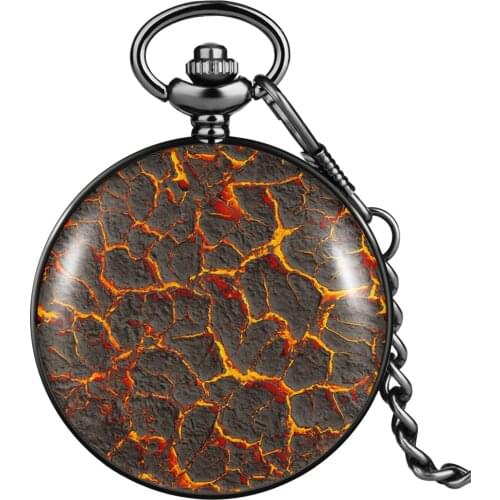 Women Volcanic Rock Pattern Pocket Watch Digital Clear Quartz Dial Alloy Smooth Flip Cover Thick Chain Pendant Men Presents