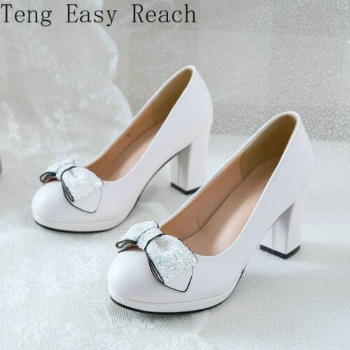 2021 PU Leather Women High Heel Shoes Sweet Butterfly Knot Square Heel Women Pumps Ladies Lazy Shoes Black White Beige 41 42 43