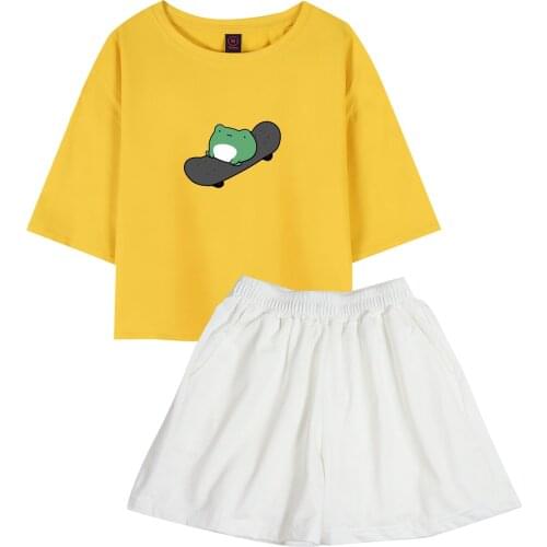 Frog on Skateboard Crop Top Cotton Harajuku Women Yellow T Shirt Short Sleeve Two Piece Set Summer Fashion Shorts Outdoors Wears