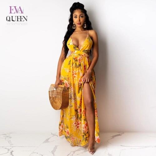 EvaQueen Print Colorful Ruched Maxi Dress Women High Waist Lace Up Elegant Loose Dresses Backless V Neck Soft Sexy Party Vestido