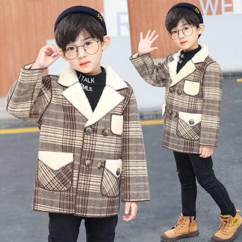 Winter 2020 Grid Jackets Boys Woolen V-neck Collar Warm Outwear Baby Boy Trench Coat Autumn Kids Outerwear Coats Wool Boy Coat