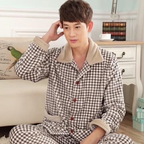 Winter autumn plus size flannel pajamas thick men coral fleece pajama sets sleepwear long-sleeve long male nightgown lounge set