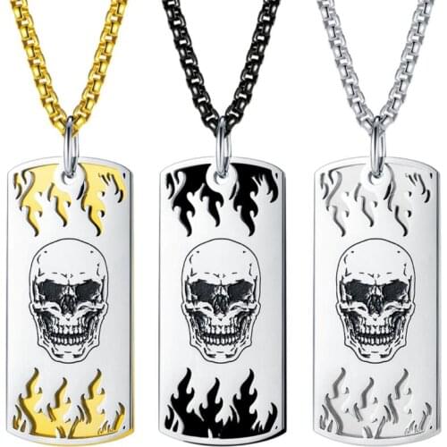 1953 Stainless Steel Dog Tags Flame Skull Necklaces for Mens Pendant Rolo Chain 3mm 24 Inch Black Silver Gold Jewelry