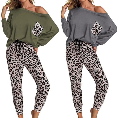 2021 New Womens 2 Pcs casual Homewear Sets, Long Sleeve Pullover Shirts loose Tops + Leopard Long Pant Casual Pajamas Outfits