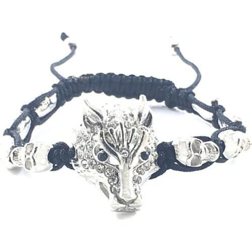 5PCS wolf head metal rhinestone skull mens ladies bracelet hand-woven pull rope black bracelet 30 * 22MM