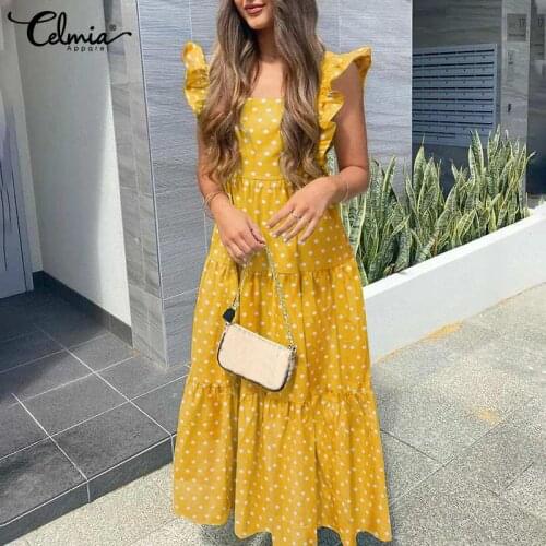 Bohemian Polka Dot Summer Dress 2021 Celmia Women Sexy Sleeveless Ruffle Square Collar Long Sundress Casual Loose Robe Femme