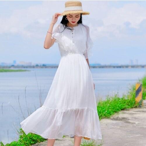 Bohemian Summer Dresses for Women 2021 100% Silk Beach White Dress Short Sleeve Dress Female Elegant Vestido De Mujer Pph4372