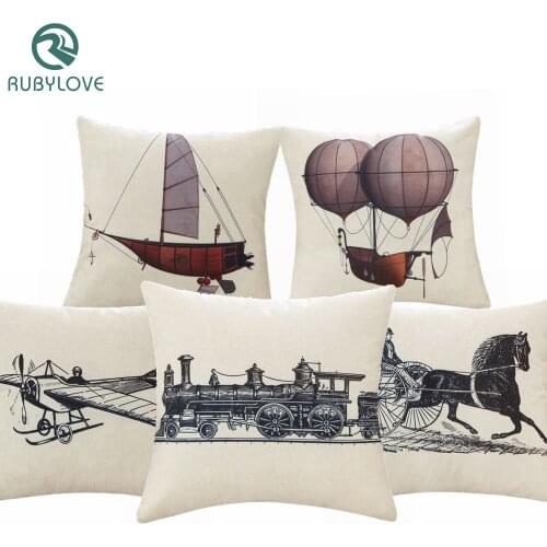 Vintage Style Simple Sketch Sailboat Carriage Train Pillow Case Linen Cotton Cushion Cover For Car Seat Chair Home Decor