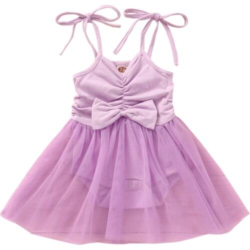 Kid Camisole Romper Dress with Bow Decoration Mesh Stitching Sweet Style Summer Clothing