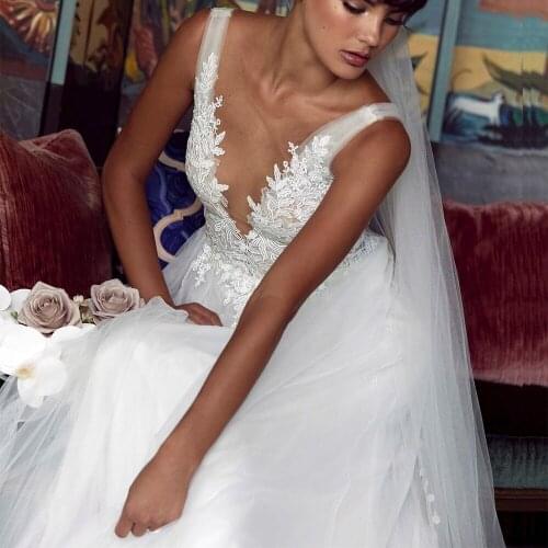 Eightale A-Line Ivory Wedding Dresses V-Neck Appliques Lace Tulle Wedding Gown Simple Beach Bridal Dress свадебное платье 2021