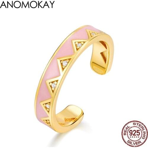 Anomokay Cute Pink Enamel Triangle White Zircon Gold Color Open Rings for Party Real 925 Silver Adjustable Ring for Women Gift