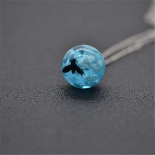 Handmade Blue Sky And White Clouds And Bird Gradient Pendant Necklace, Transparent Crystal Resin Pendant Jewelry For Women Gift