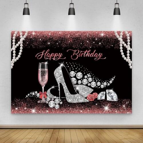 Laeacco Birthday Backdrops Glitters High Heels Champagne Pearl Flowers Diamond Custom Photography Backgrounds For Photo Studio