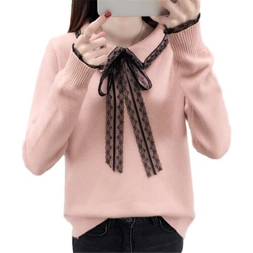 Fashion Lace Splicing Collar Knitted Sweater Women Tops Slim Short Jumper Ladies Autumn 6 Color Long Sleeve Knit Pullover Female