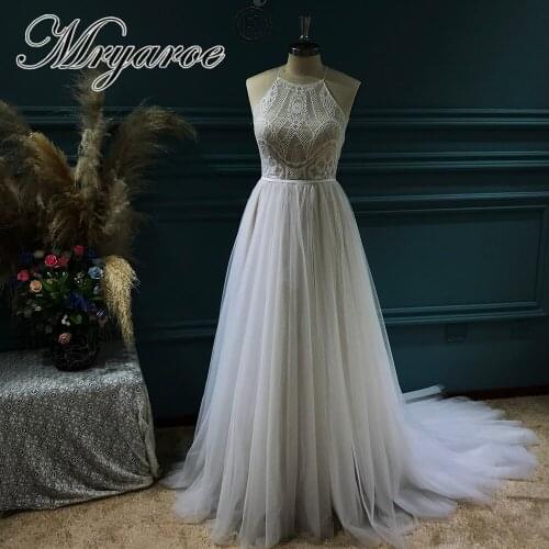 Mryarce Elegant Lace Tulle Halter Wedding Dresses 2021 A Line Rustic Open Back Bridal Gowns