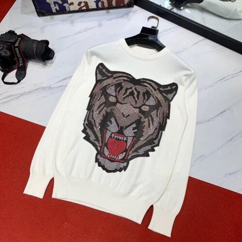 Mens Knitted Thick O-Neck Loose Oversized Sweater Rhinestone Shiny Big Tiger Christmas Pullover Brand