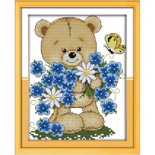 Joy Sunday Cross Stitch Kits Little bear holding flowers pattern Printed Chinese embroidery needlework fits for childrens room