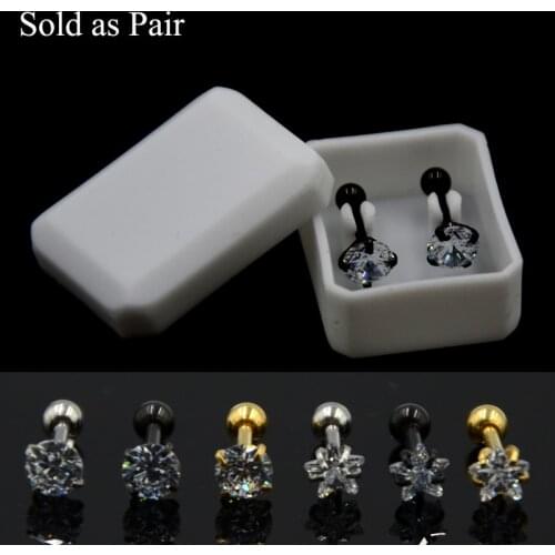 PAIR Surgical Steel Anodized Prong Set Round Star Zircon Ear Tragus Cartilage Helix Earring Stud Piercing Body Jewelry 16g