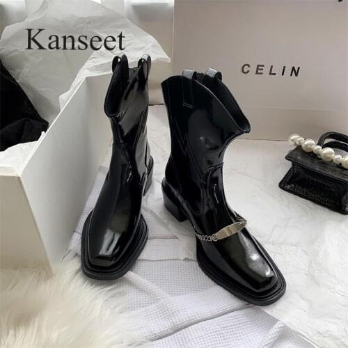 Kanseet 2021 New Genuine Leather Women Ankle Boots Winter Shoes Warm Short Plush Mid Heel Chain Fashion Design Black Short Boots