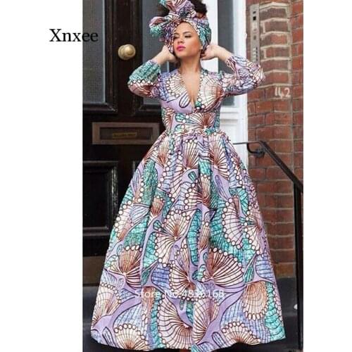 News African Dresses for Women Autumn Winter Dashiki African Clothes Full Sleeve V-Neck Plus Size Ladies Robe Africaine Clothing