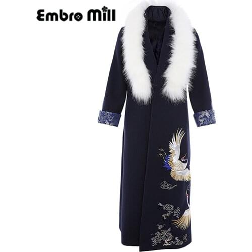 Winter New Chinese Style Embroidery Spliced Vintage Fox Fur Collar Mid-Length Loose Christmas Coat Women S-XXL