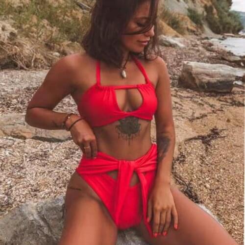 Sexy Solid Red Bikini Women Push Up Hollow Out Bandage Swimsuit High Neck Bathers Bathing Suit High Waist Swimwear Biquini