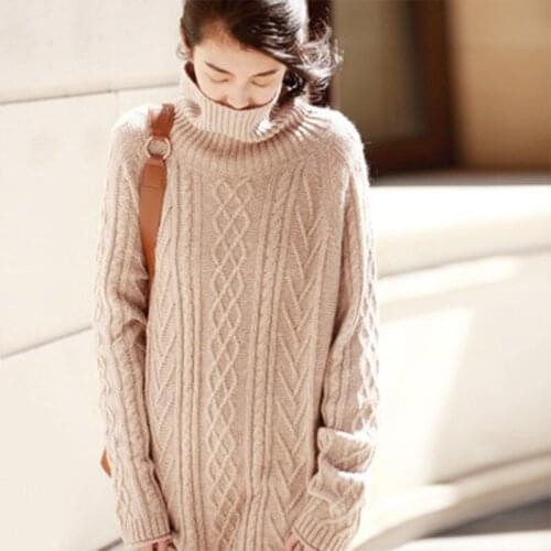 Knitted Wool cashmere sweater Dress women Long Warm turtleneck Winter Autumn Warm Thick Fashion Retro Korean twisted