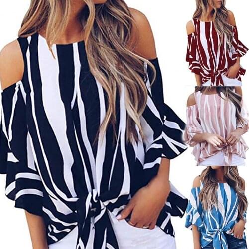 Streetwear Chic Three Quarter Sleeve Striped Women Tops Shirt Women Blouse Three Quarter Sleeve for Working